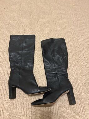 Essex Lane Black Mid-Calf Leather Block Heel Boots